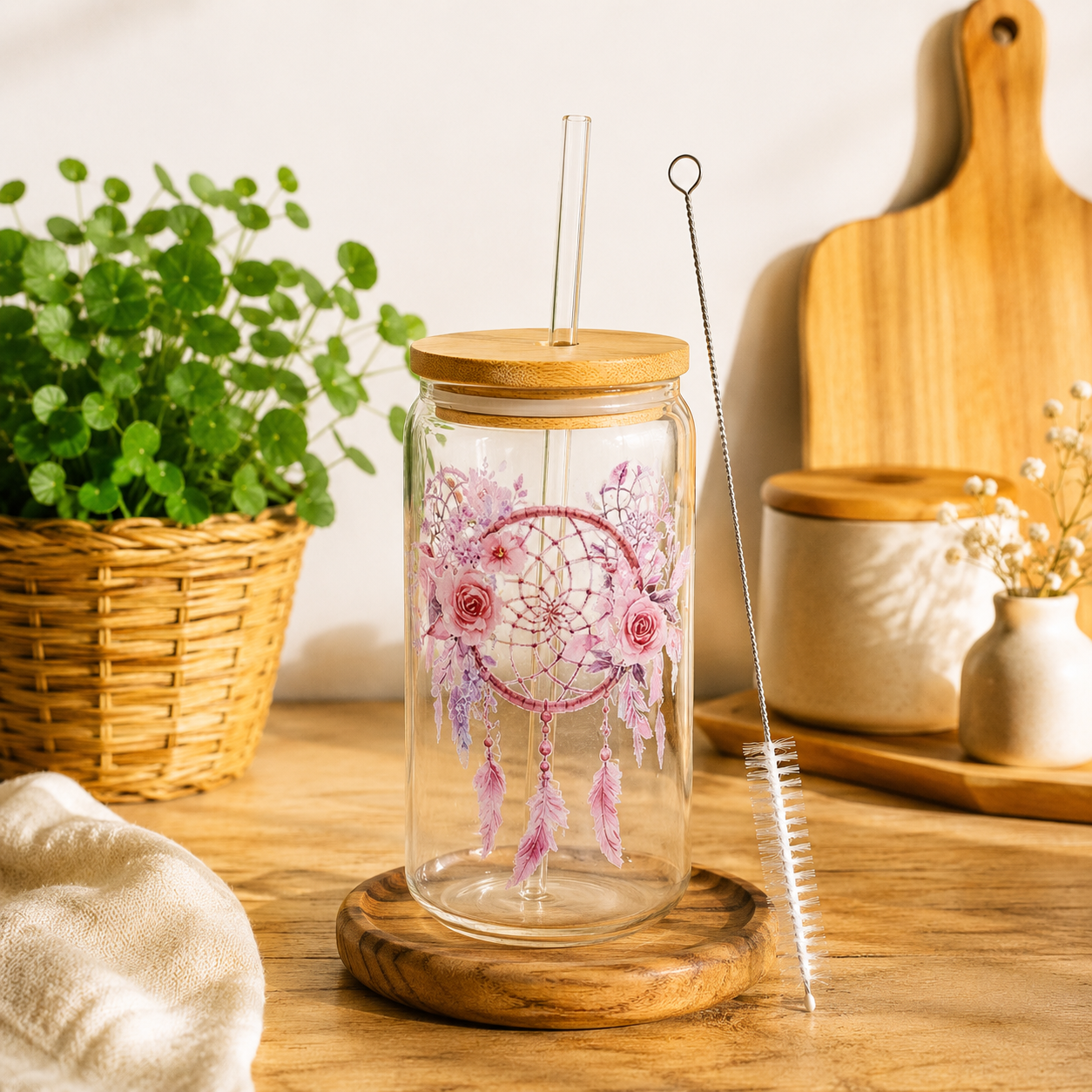 Verre canette en verre avec paille & goupillon – Différents motifs