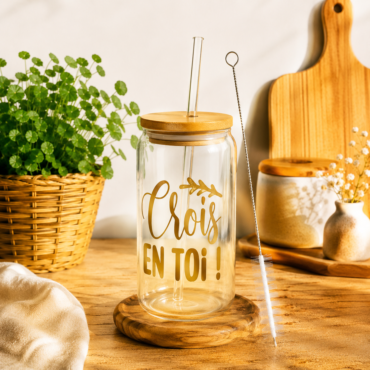 Verre canette en verre avec paille & goupillon – Différents motifs