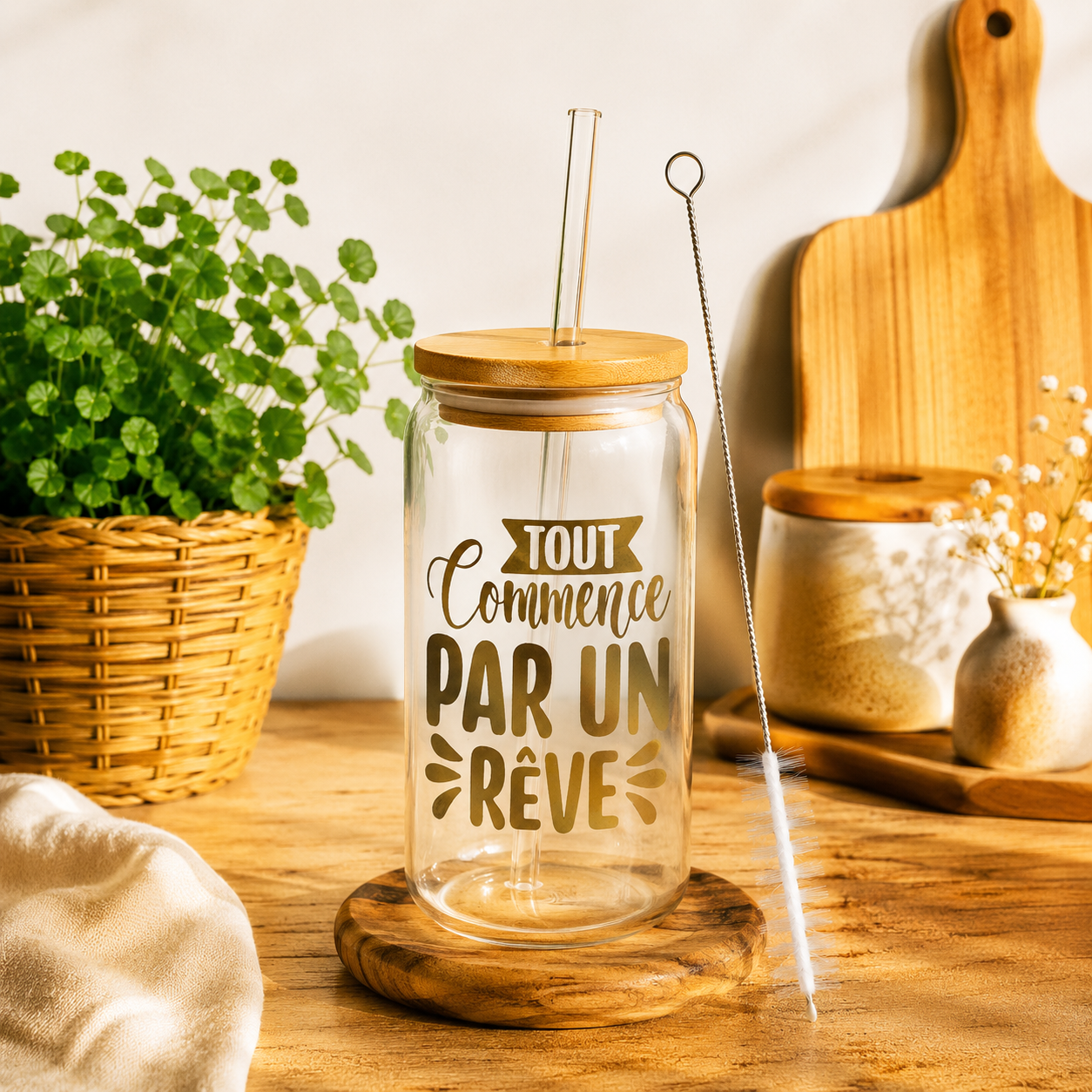 Verre canette en verre avec paille & goupillon – Différents motifs
