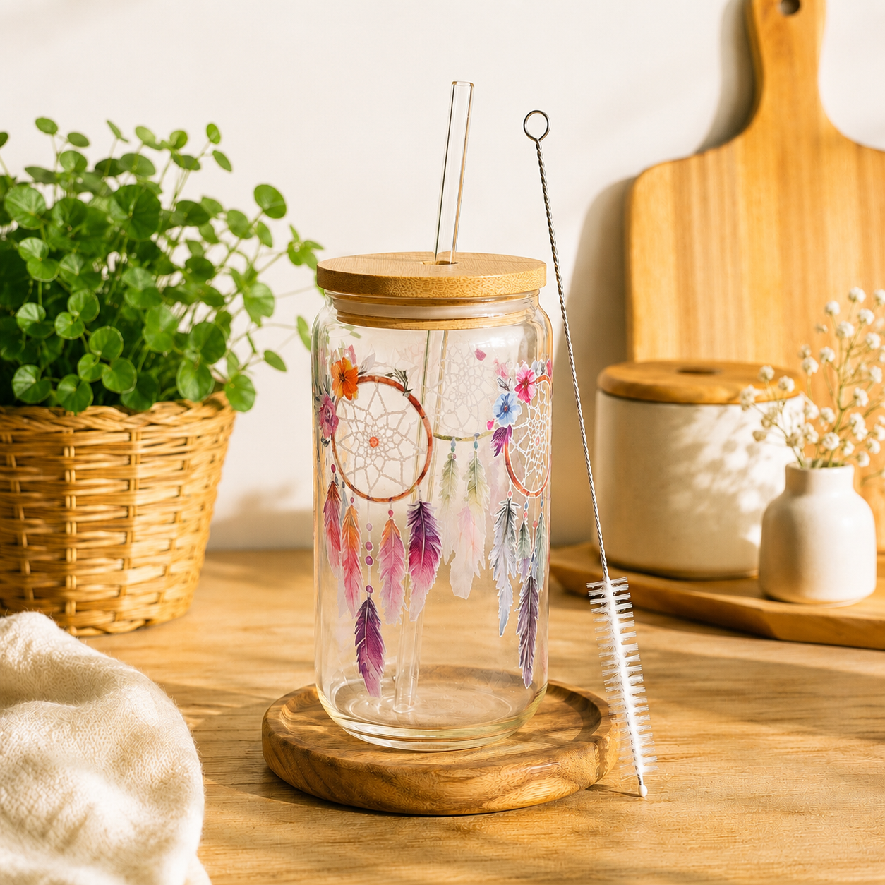 Verre canette en verre avec paille & goupillon – Différents motifs