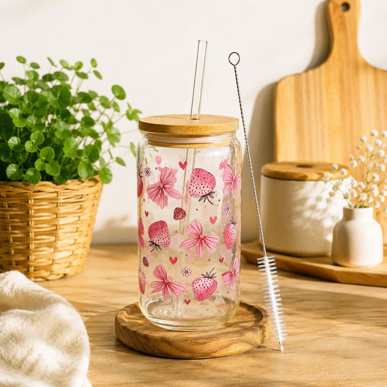 Verre canette en verre avec paille & goupillon – Différents motifs