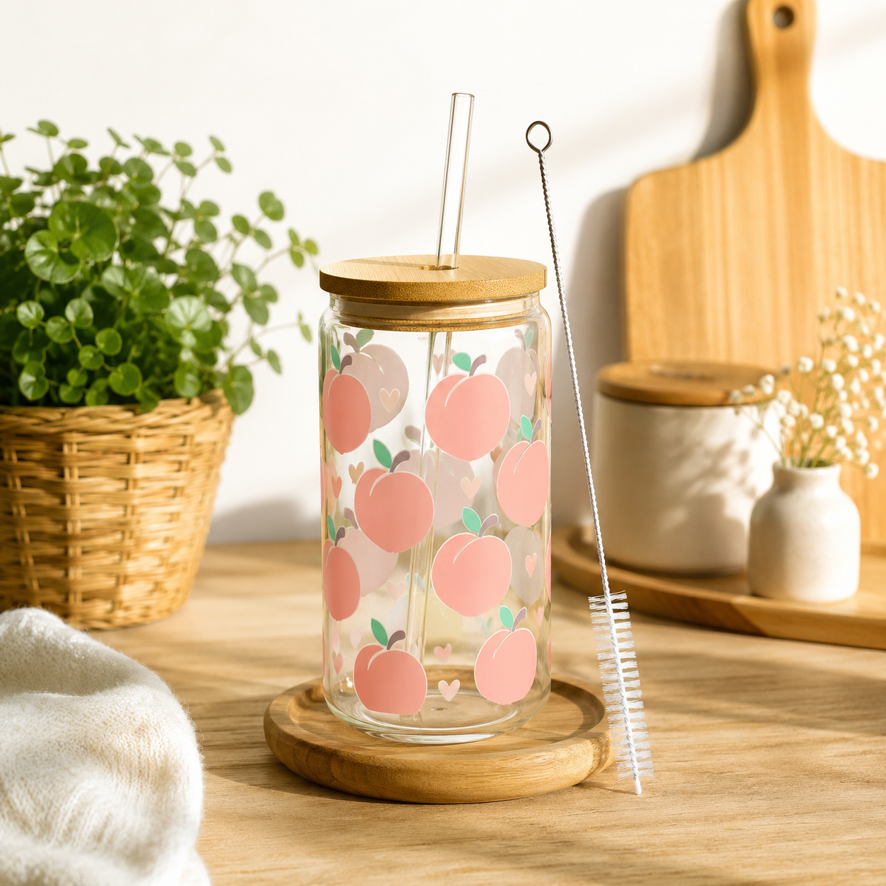 Verre canette en verre avec paille & goupillon – Différents motifs
