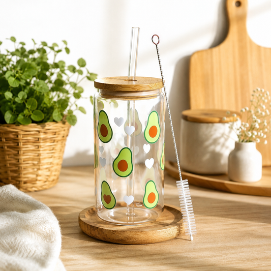 Verre canette en verre avec paille & goupillon – Différents motifs