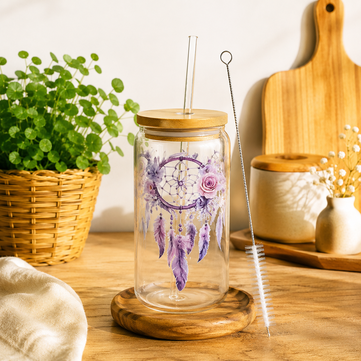 Verre canette en verre avec paille & goupillon – Différents motifs