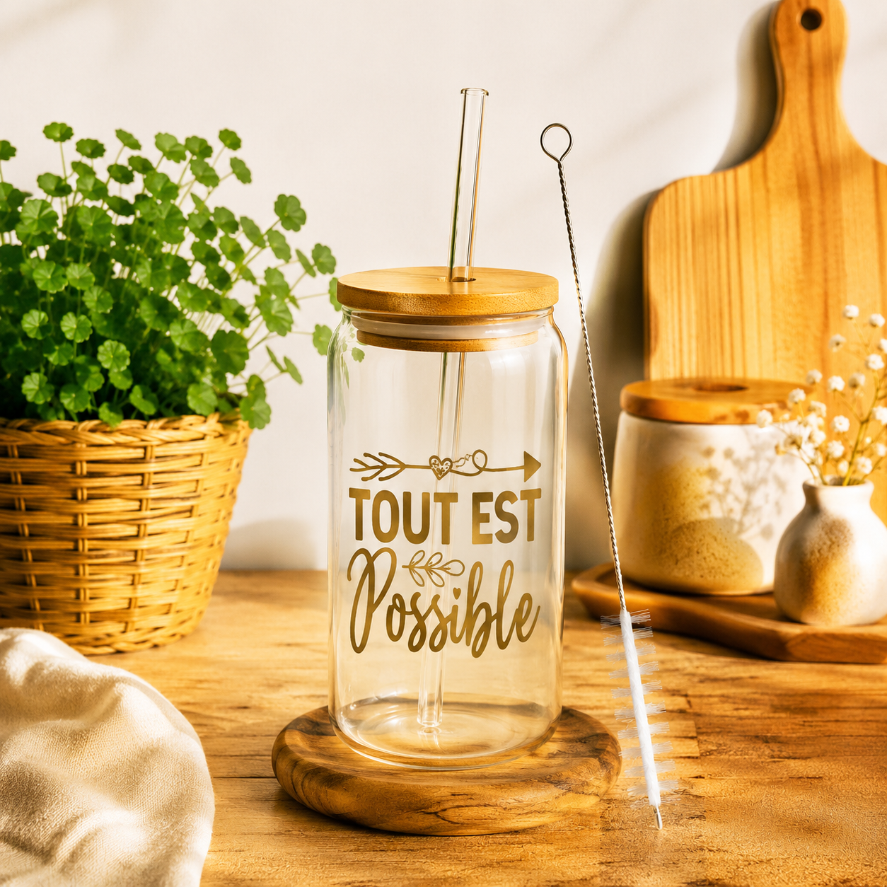 Verre canette en verre avec paille & goupillon – Différents motifs