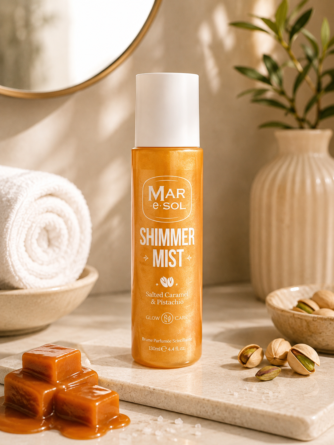 Brume Pailletée Mar e Sol Vanille, Caramel Beurre Salé, Pistache -