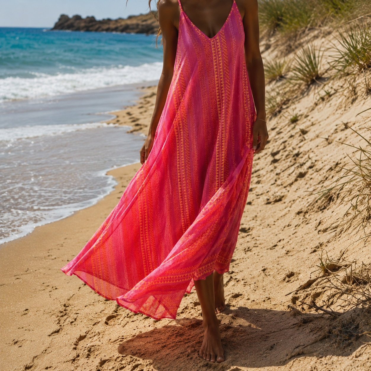 Robe longue à bretelles en gaze de coton
