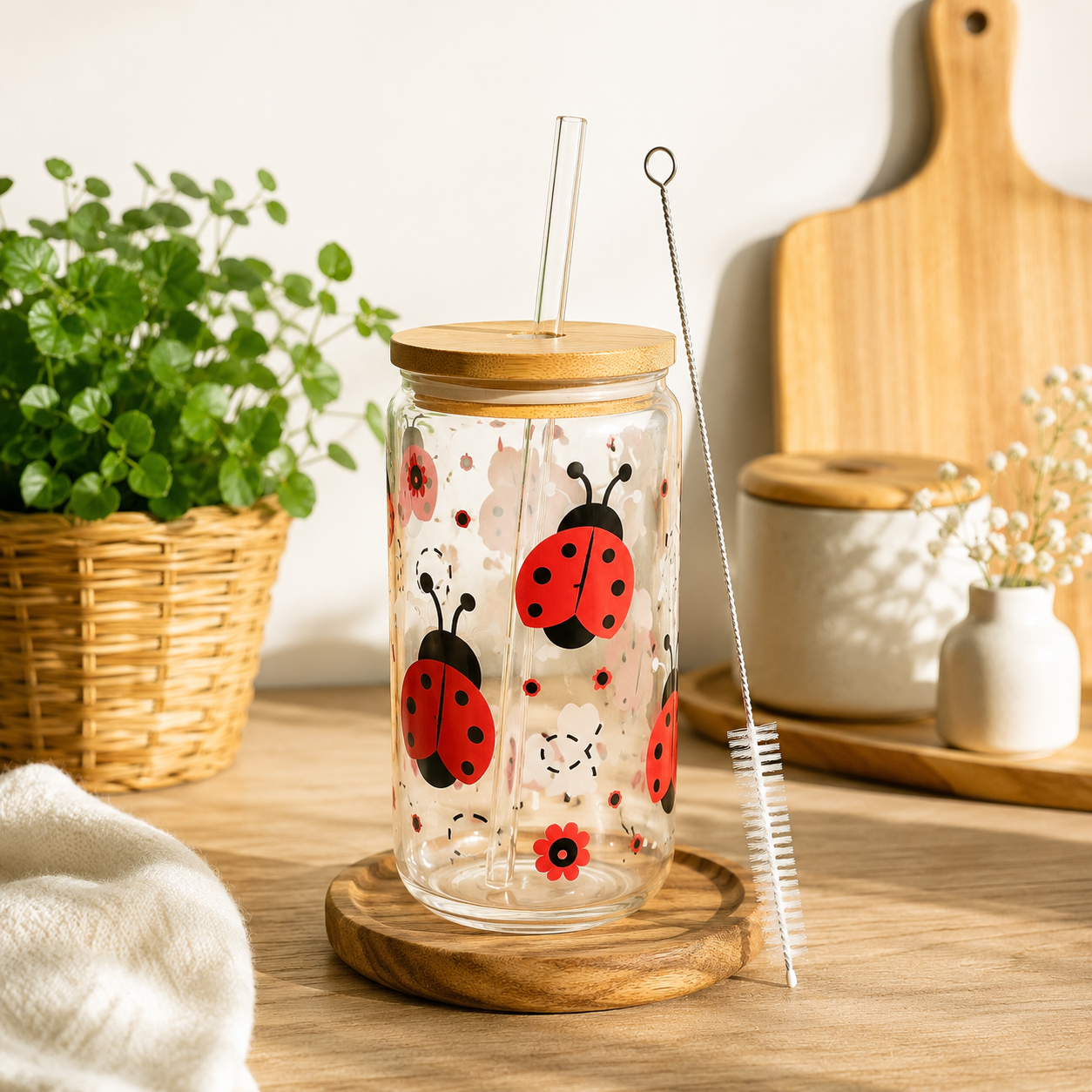 Verre canette en verre avec paille & goupillon – Différents motifs