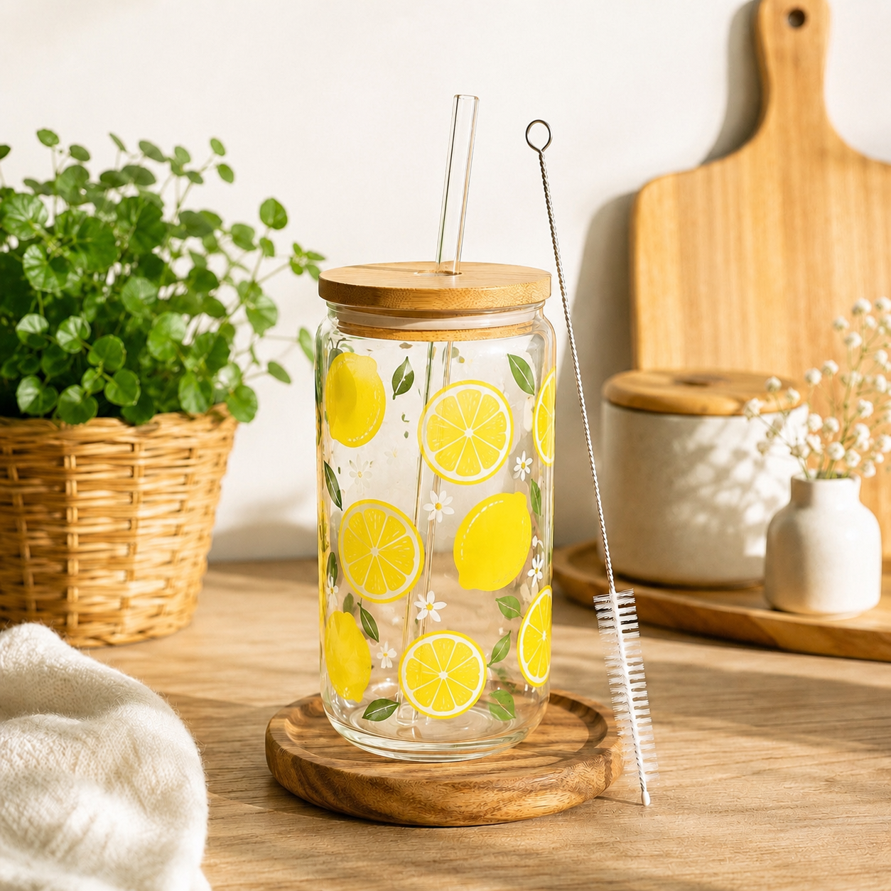 Verre canette en verre avec paille & goupillon – Différents motifs