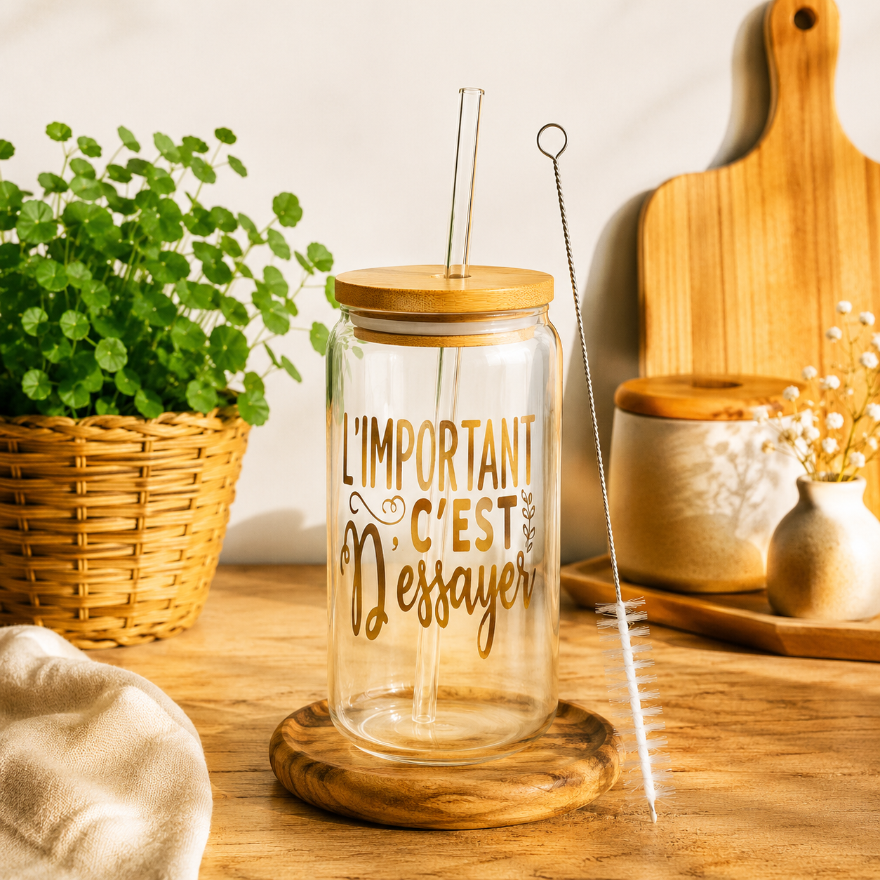 Verre canette en verre avec paille & goupillon – Différents motifs