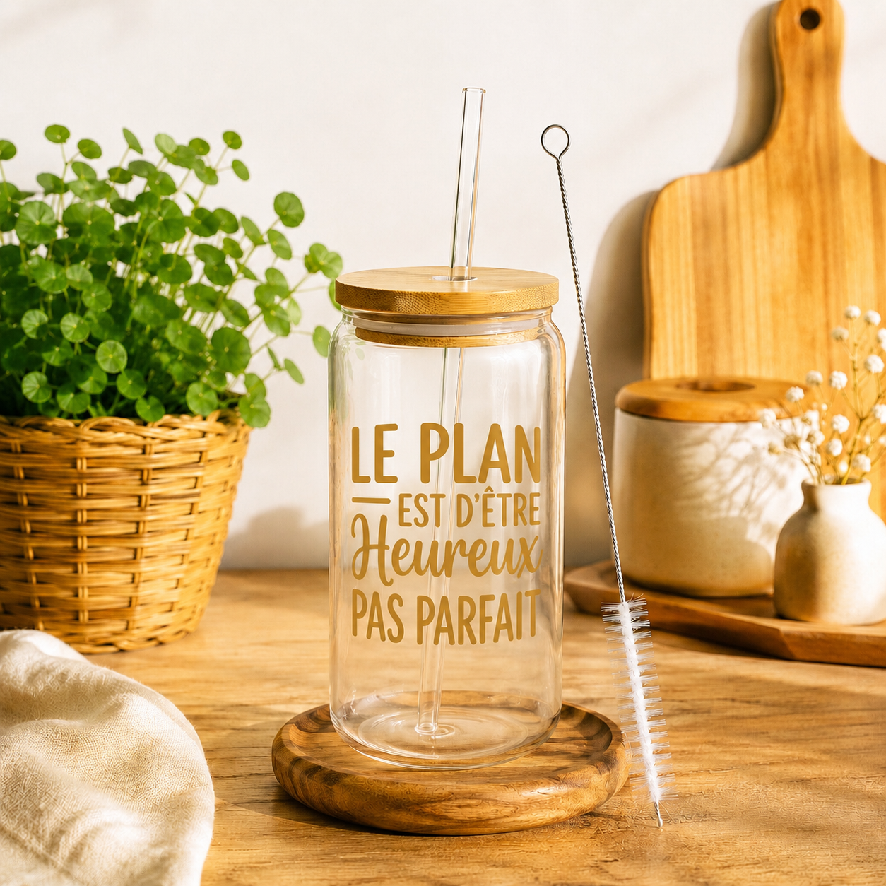 Verre canette en verre avec paille & goupillon – Différents motifs