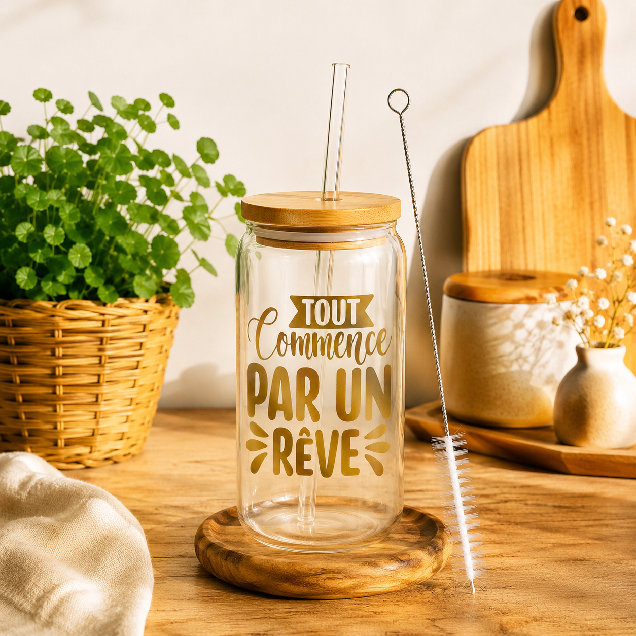 Verre canette en verre avec paille & goupillon – Différents motifs