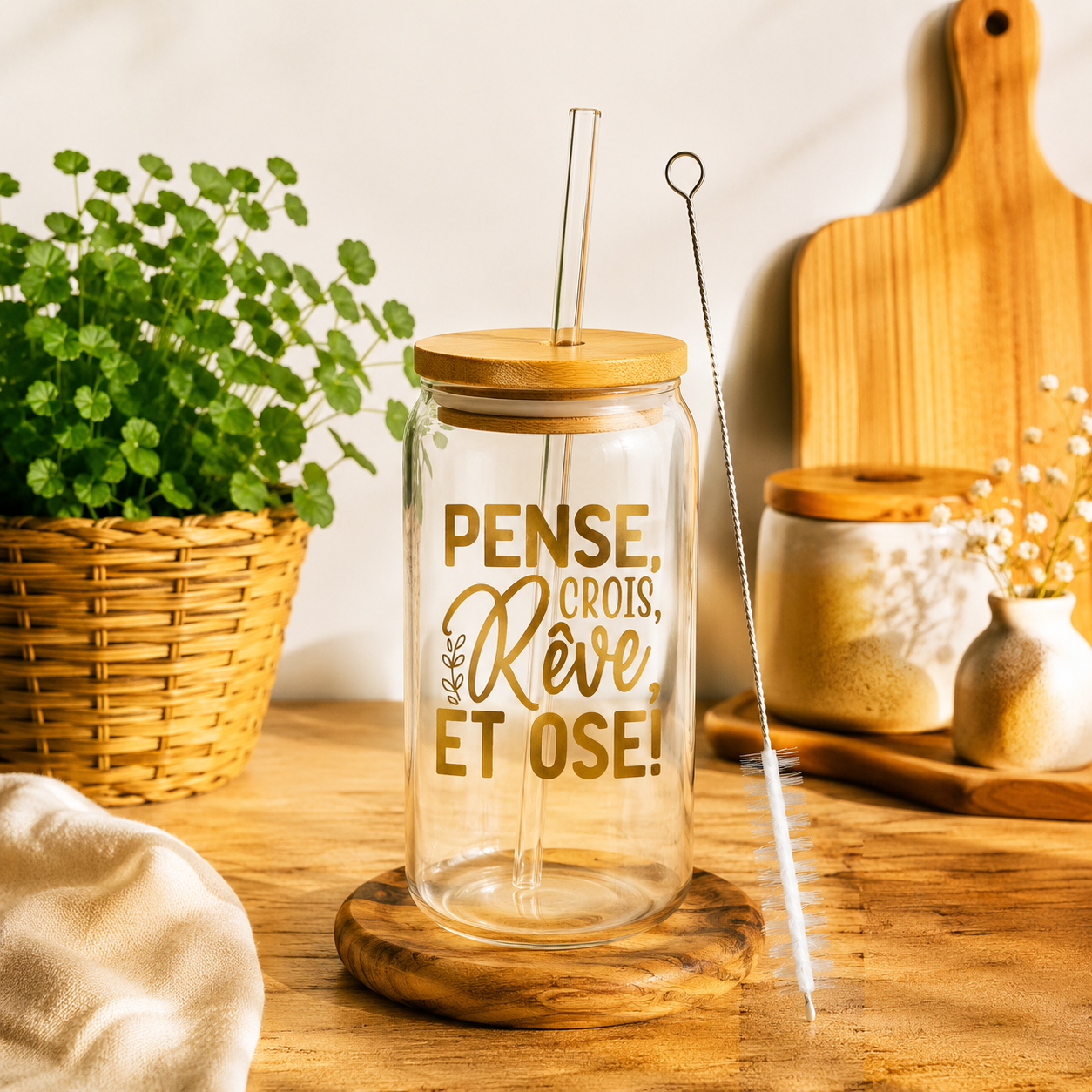 Verre canette en verre avec paille & goupillon – Différents motifs
