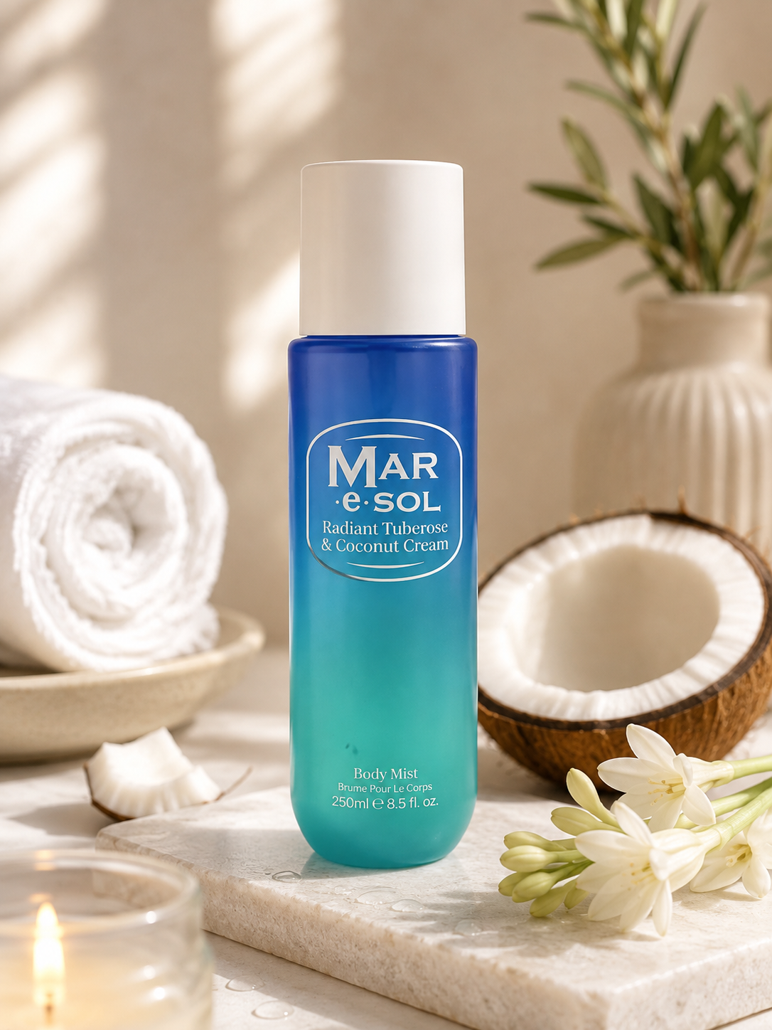 Brume Mar e Sol Crème de Coco, Fleurs Blanches, Ambre Vanillé