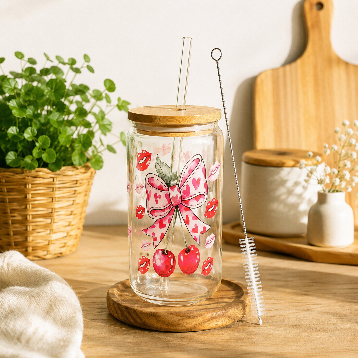 Verre canette en verre avec paille & goupillon – Différents motifs