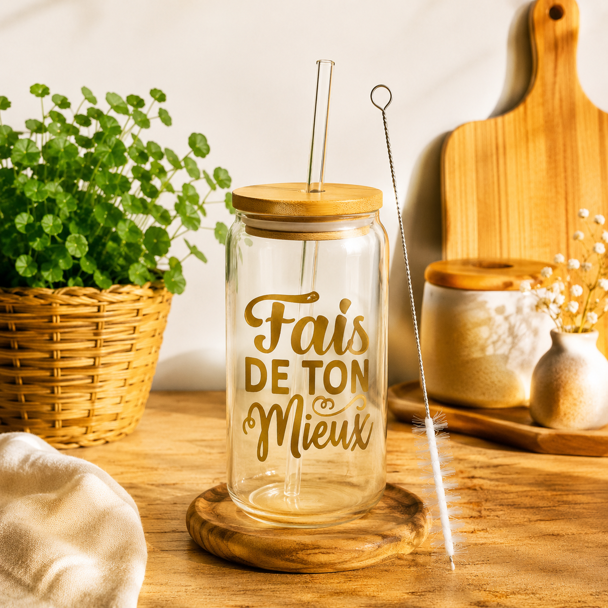 Verre canette en verre avec paille & goupillon – Différents motifs